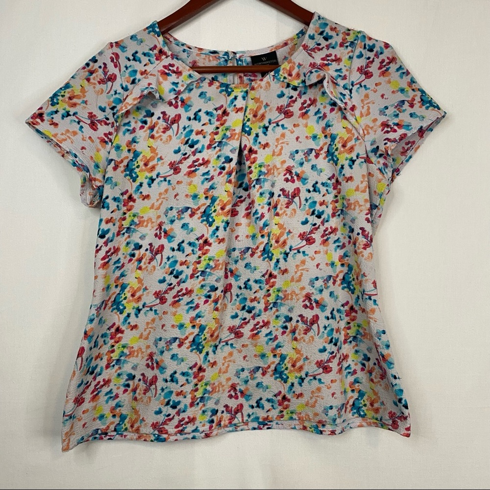 WORTHINGTON Short Sleeved Blouse Floral Flounce Front White Size Petite Medium